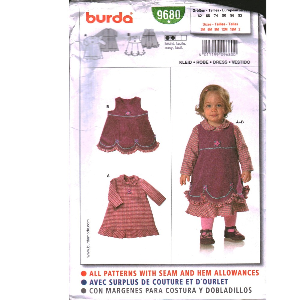 Burda 9680 Baby Toddler Dress Pinafore Sewing Pattern Sizes 3M-2T Uncut